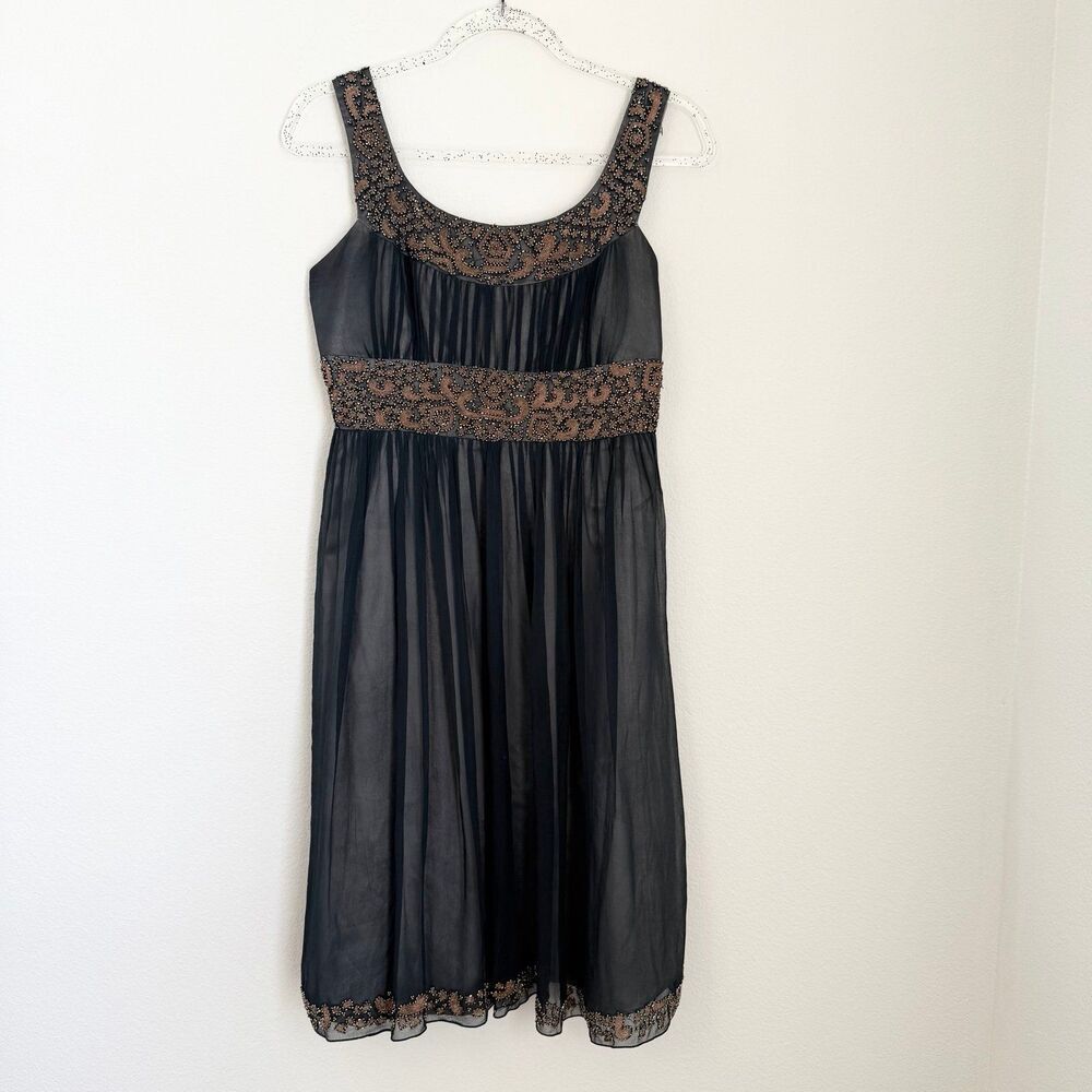 Adrianna Papell Navy Silk Pleated Babydoll Beaded Whimsigoth Grunge Prom Gown 6